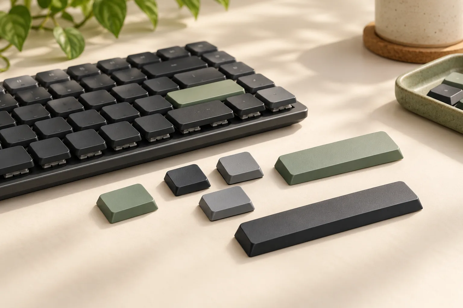 Illustration of short keycaps and wider caps beside a slim keyboard.