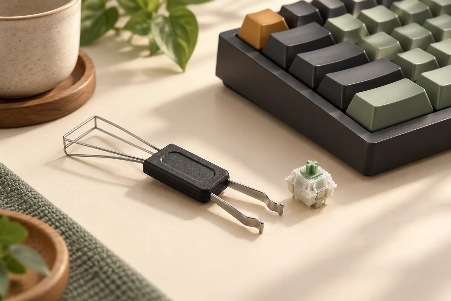 Illustration of a combination keycap and switch puller beside a loose switch and keyboard corner.