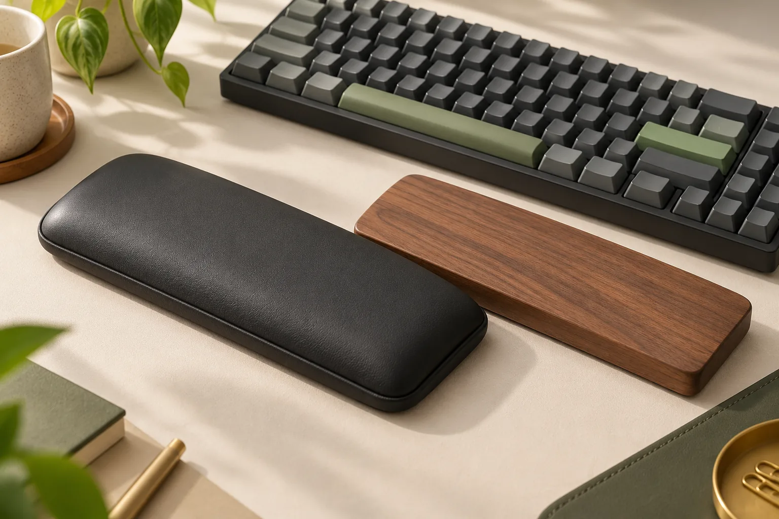 Illustration of a padded palm support and wooden palm support in front of a keyboard.