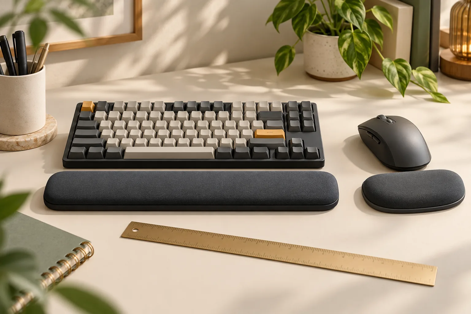Illustration of keyboard and mouse palm supports beside a keyboard, mouse and unnumbered ruler.