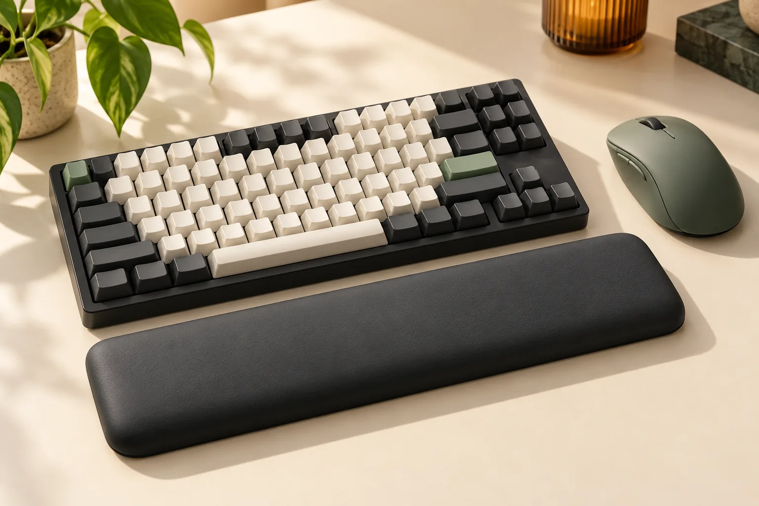 Illustration of a mechanical keyboard, separate padded palm support and mouse on a desk.