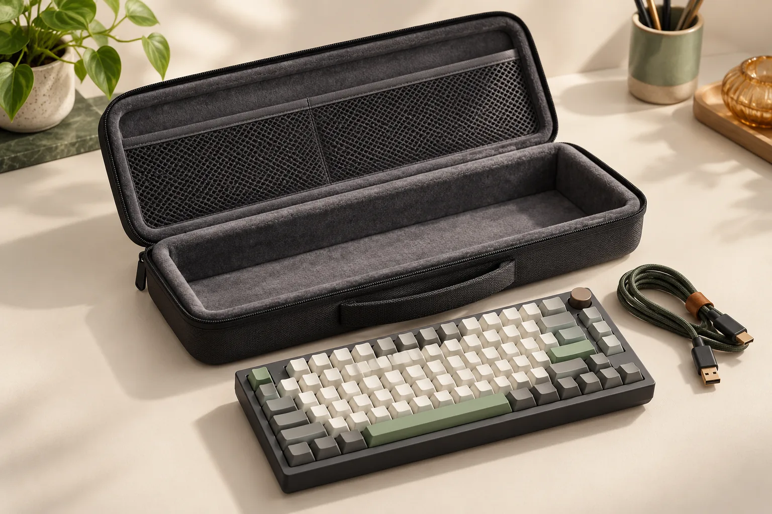Illustration of an open padded keyboard carrying case beside a mechanical keyboard and coiled cable.