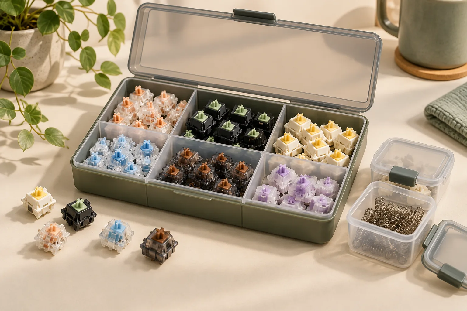 Illustration of keyboard switches sorted into an open organizer, with small containers for spare parts.