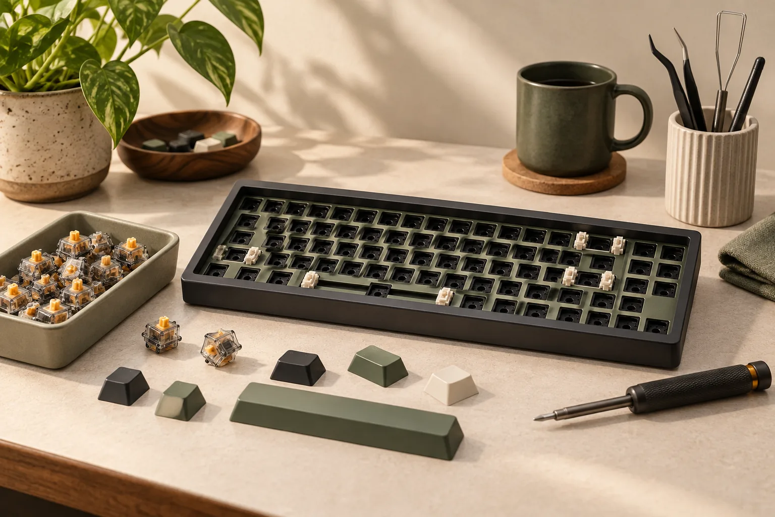 Illustration of a bare keyboard enclosure, switches, loose keycaps and screwdriver on a workbench.