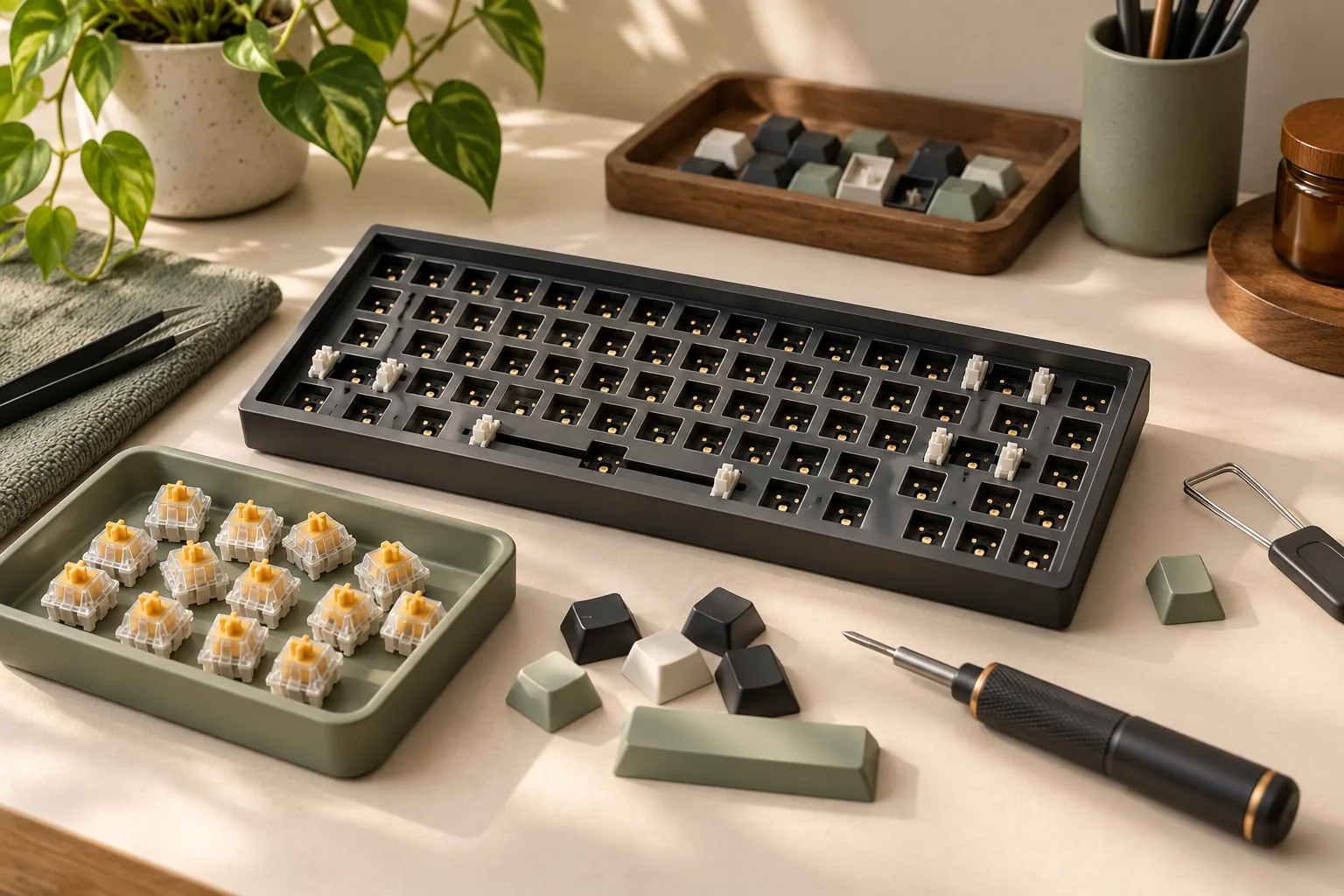 Illustration of a bare keyboard enclosure, switches, loose caps and tools on a workbench.