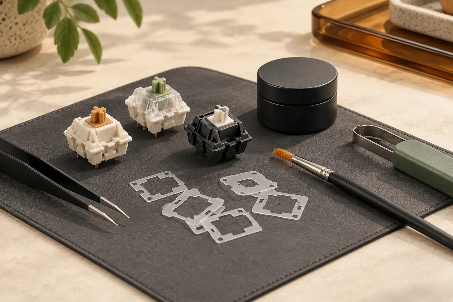 Illustration of keyboard switches, thin switch films, a brush and closed jar on a work mat.