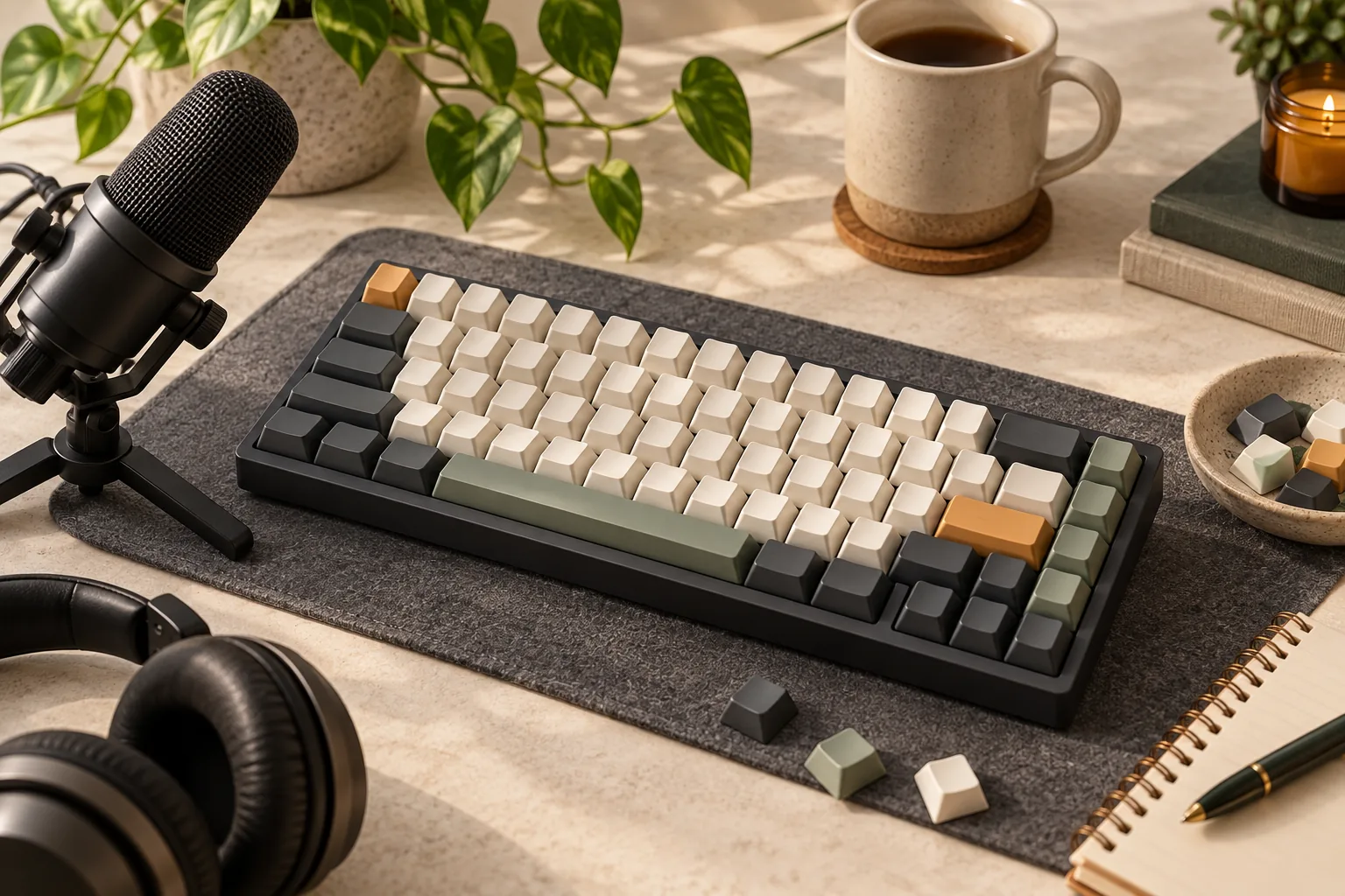 Illustration of a keyboard on a fabric mat with a microphone, headphones and loose keycaps.
