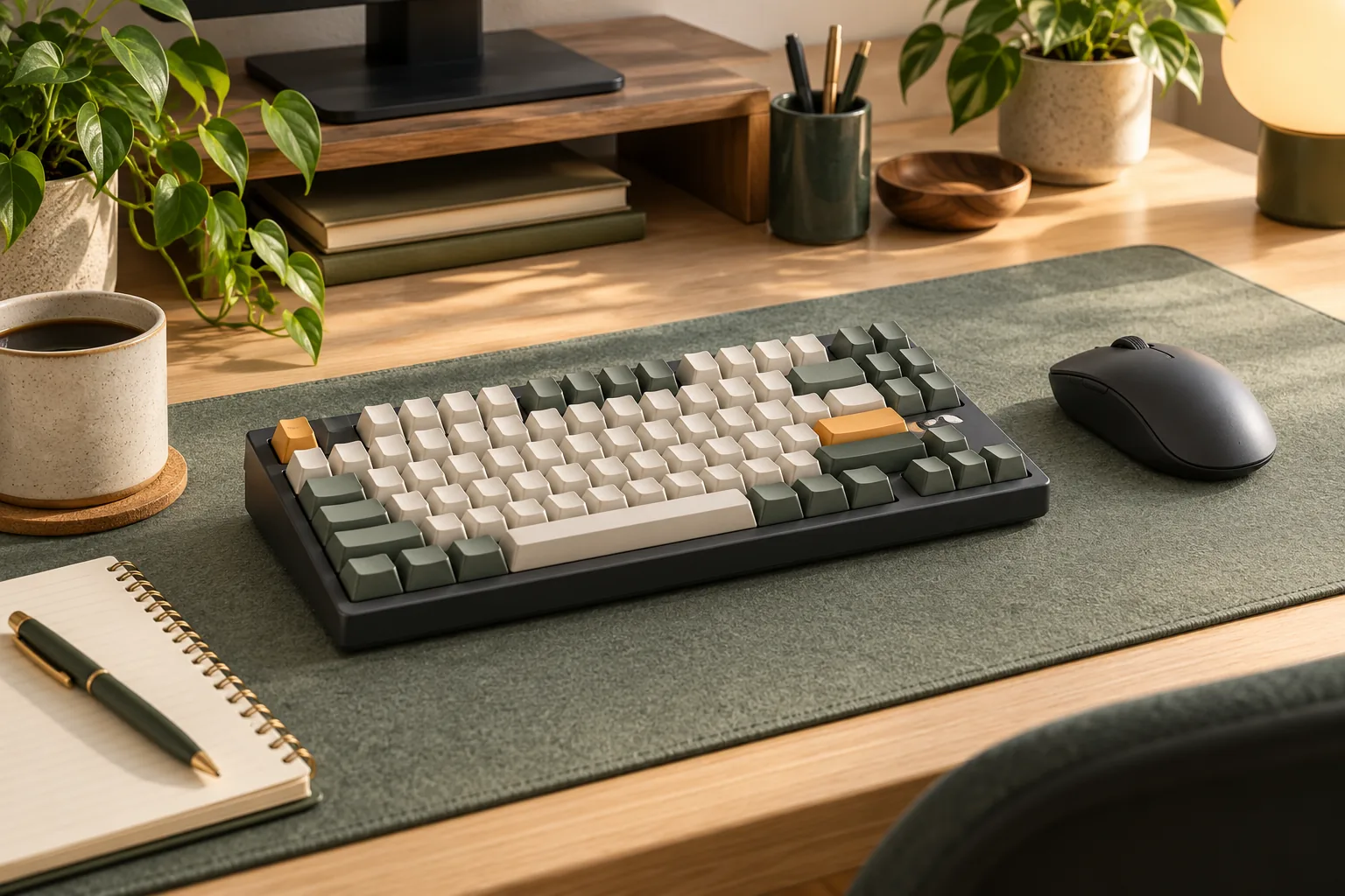 Illustration of a mechanical keyboard and mouse arranged on a desk mat.