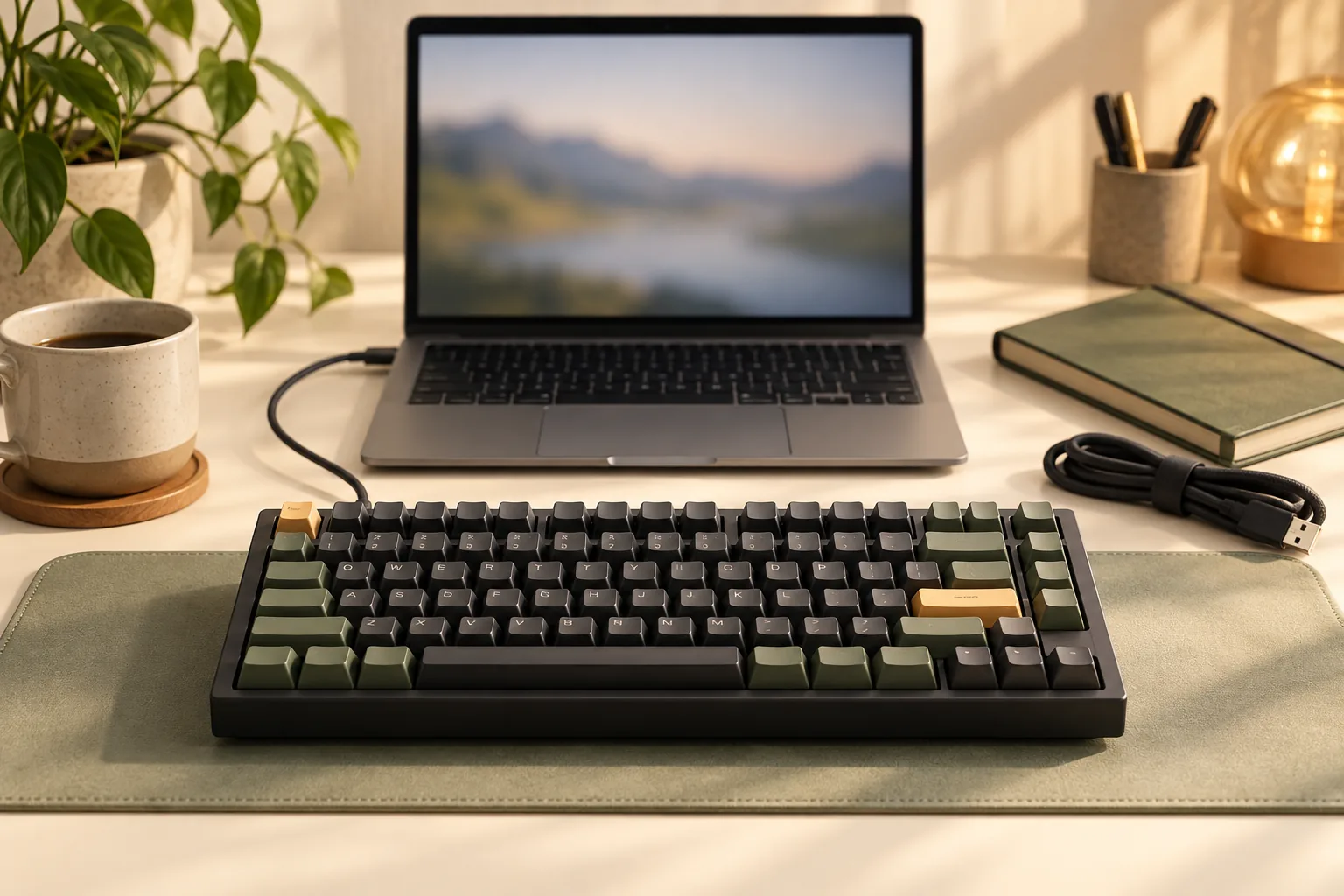 Illustration of a keyboard connected to a laptop with a spare cable nearby.