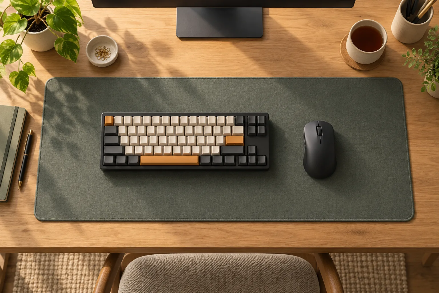 Illustration of a keyboard and mouse on a large fabric desk mat, viewed from above.