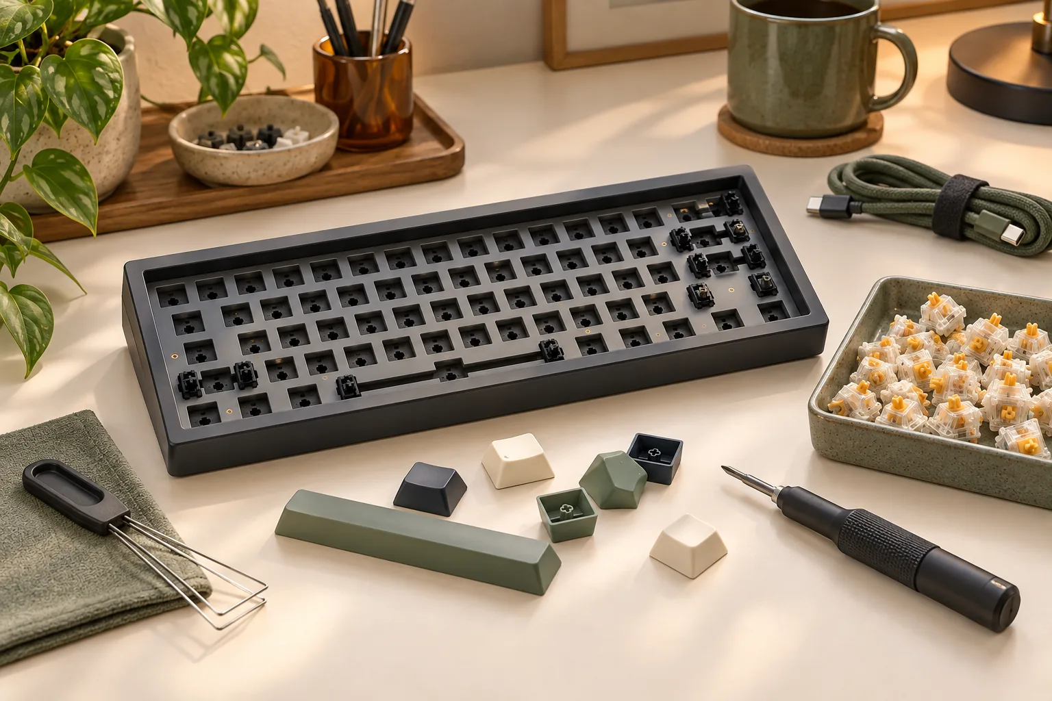 Illustration of a bare keyboard enclosure, switch tray, loose keycaps and tools on a workbench.