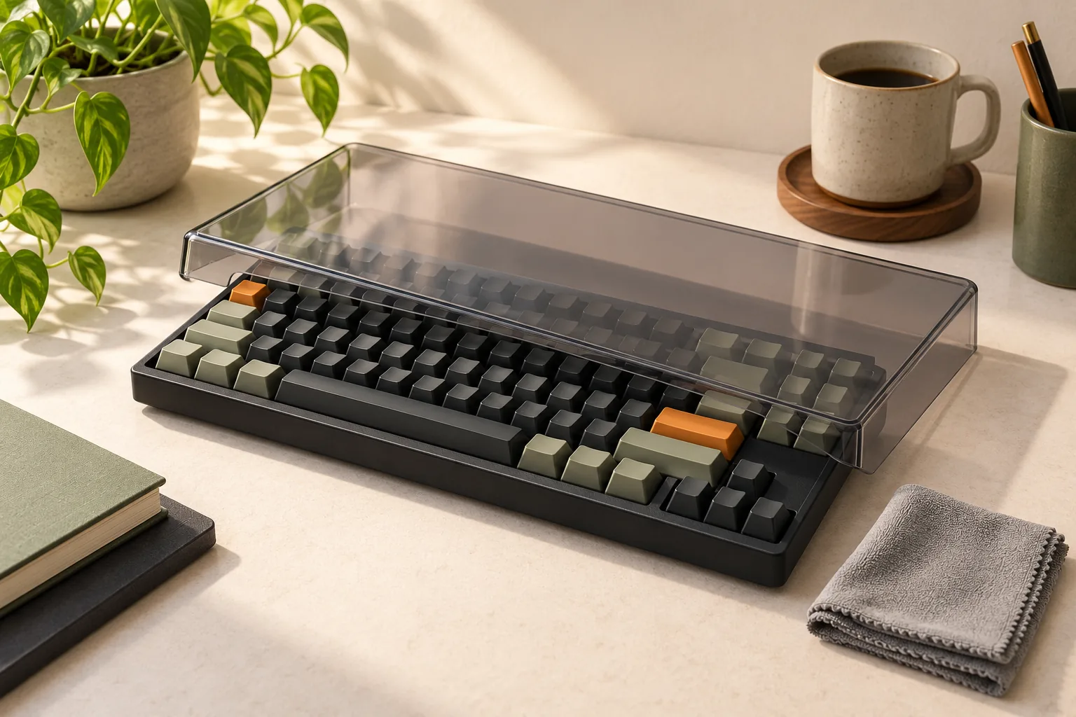Illustration of a mechanical keyboard with an offset translucent rigid dust cover and folded cloth.