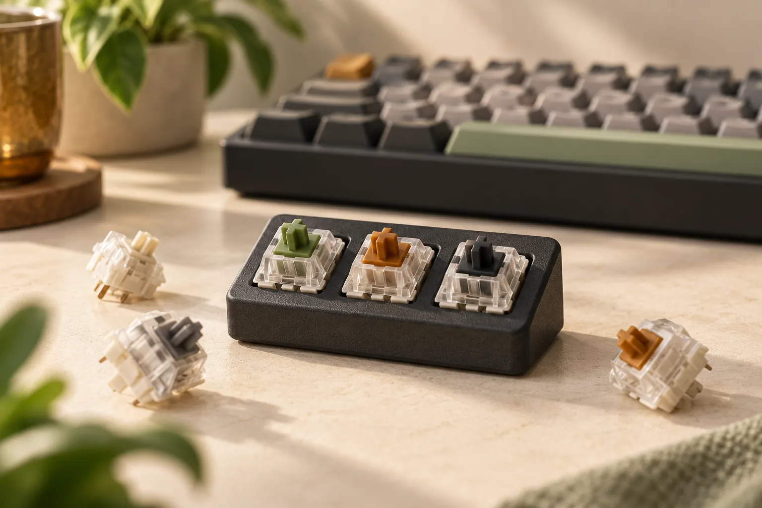 Illustration of three mechanical switches in a sampler, with loose switches and a blurred keyboard nearby.