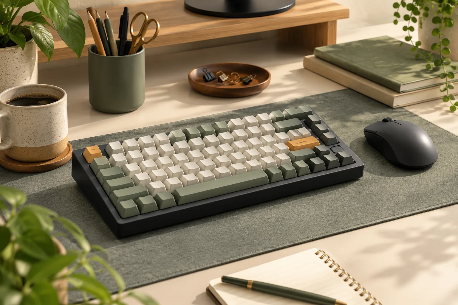 Illustration of a compact mechanical keyboard and mouse on a desk mat in a warm workspace.