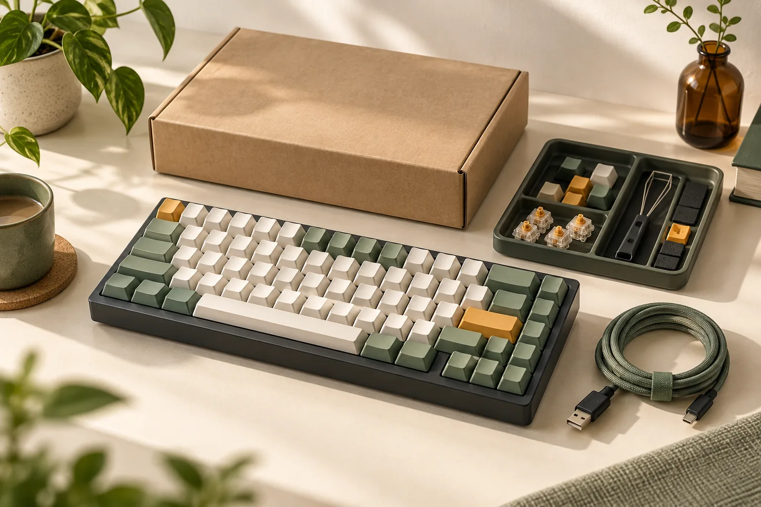Illustration of a mechanical keyboard with a parts tray, plain cardboard box and coiled cable.