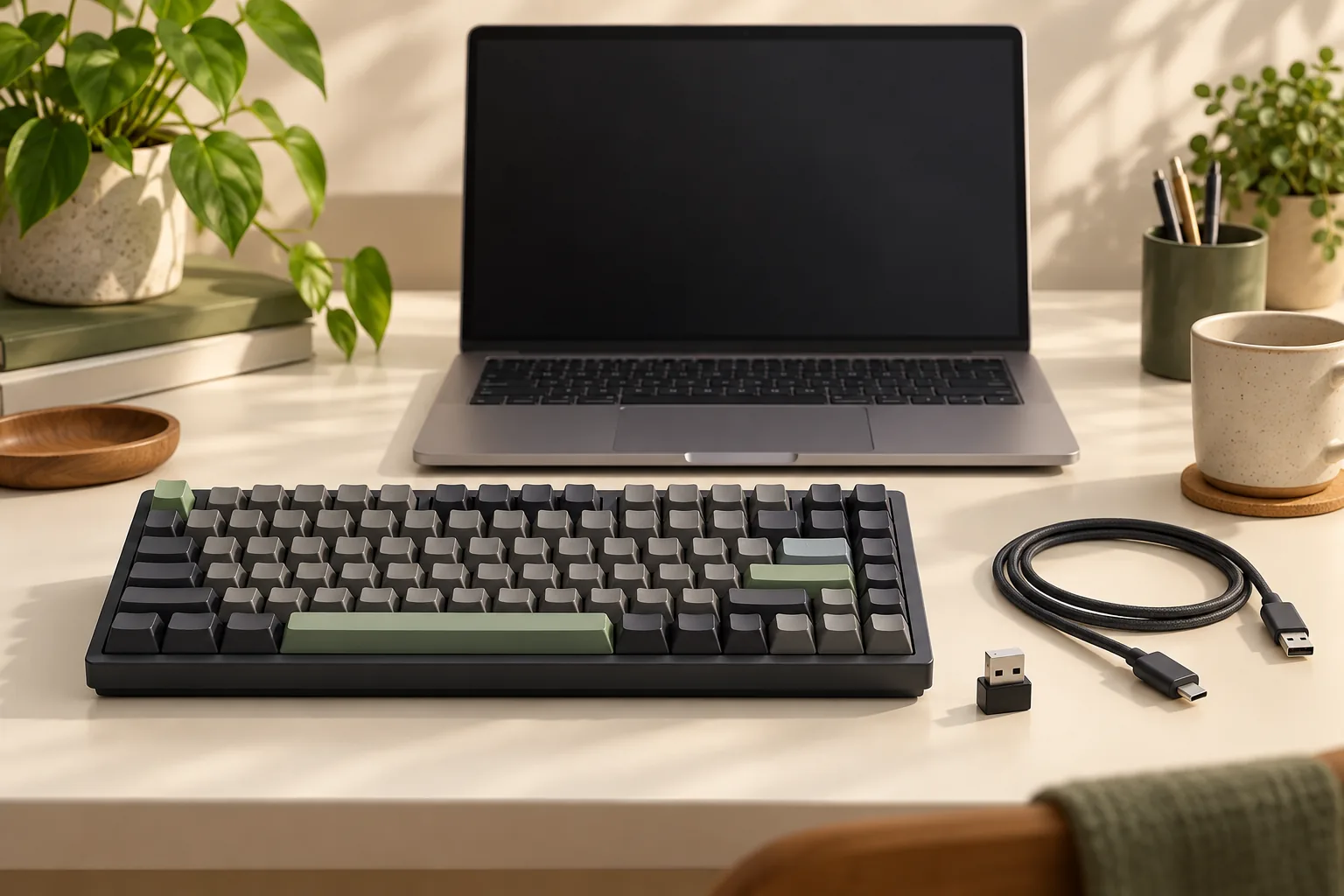 Illustration of a mechanical keyboard, wireless receiver and detached cable in front of a laptop.
