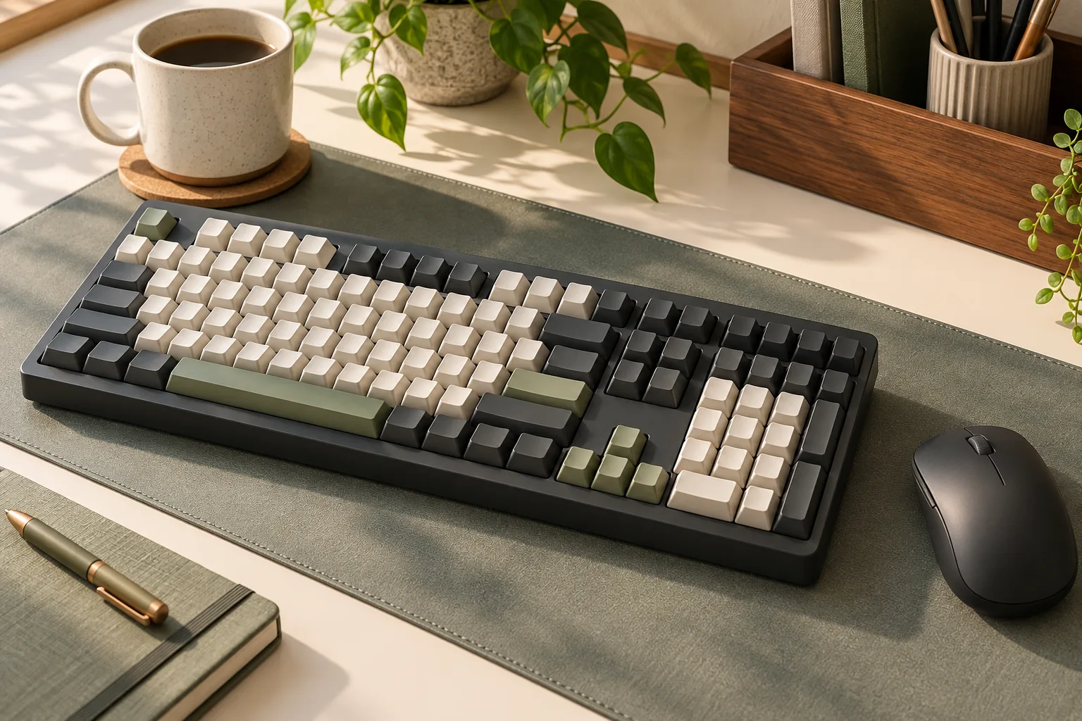 Illustration of a mechanical keyboard with a number pad beside a mouse on a desk mat.