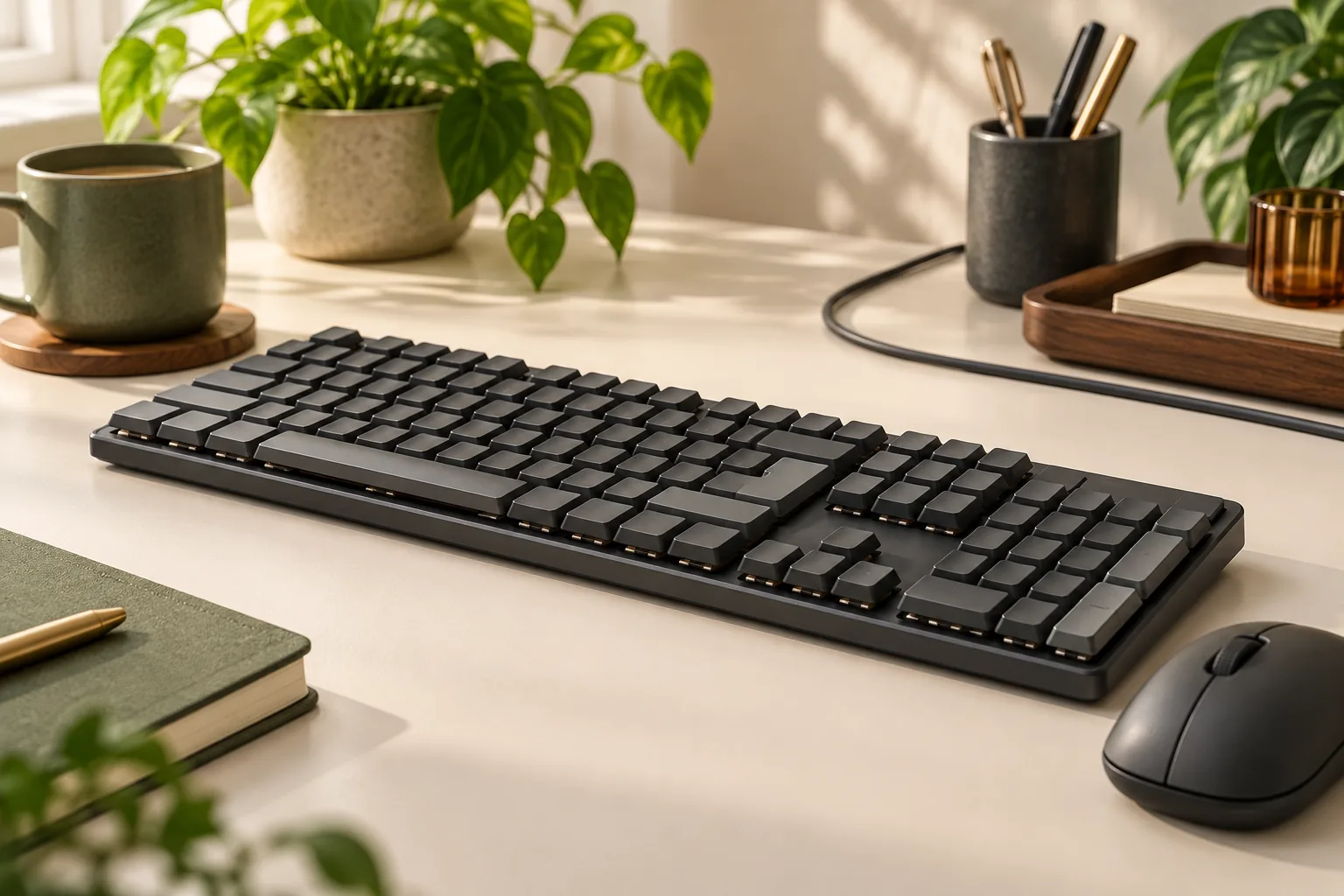 Illustration of a slim mechanical keyboard and mouse on a desk.