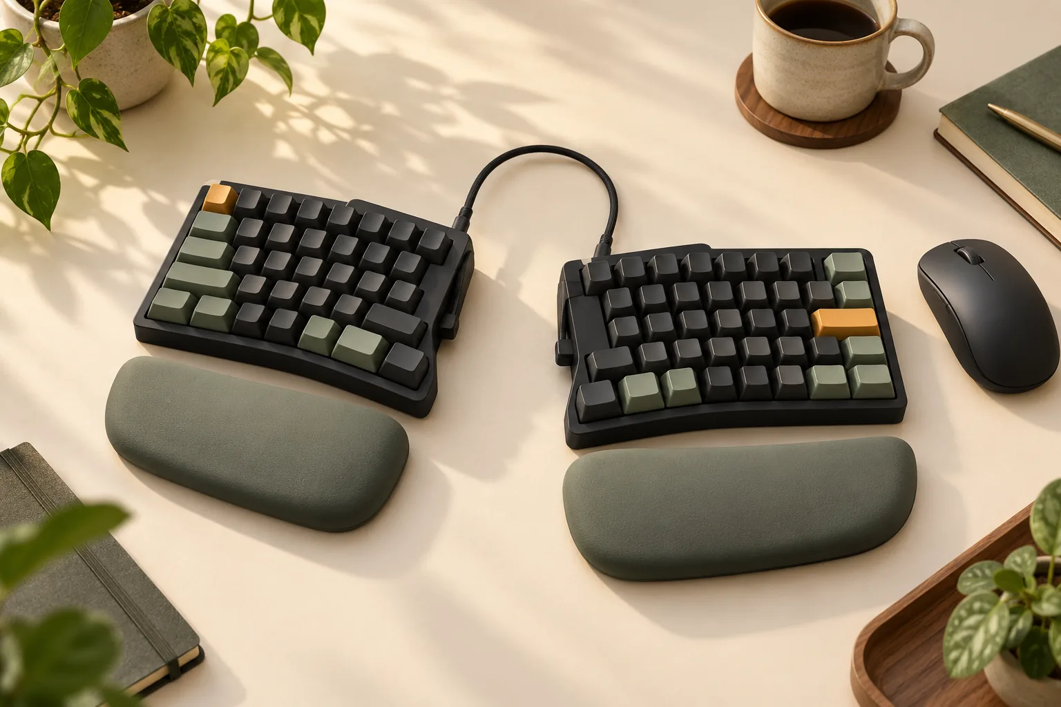 Illustration of a split mechanical keyboard with separate palm supports, a connecting cable and a nearby mouse.