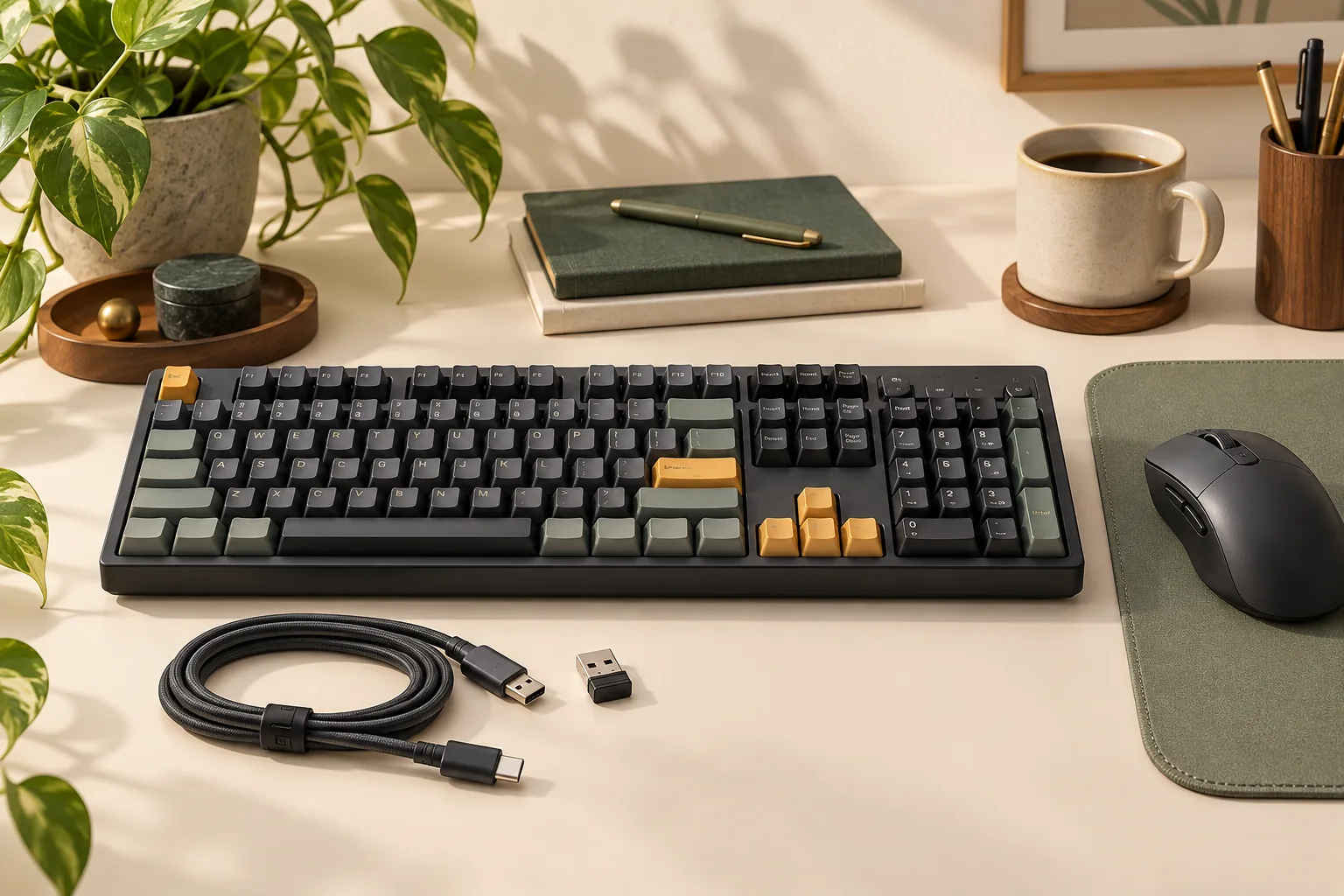 Illustration of a full-size mechanical keyboard, mouse, detached cable and wireless receiver on a desk.