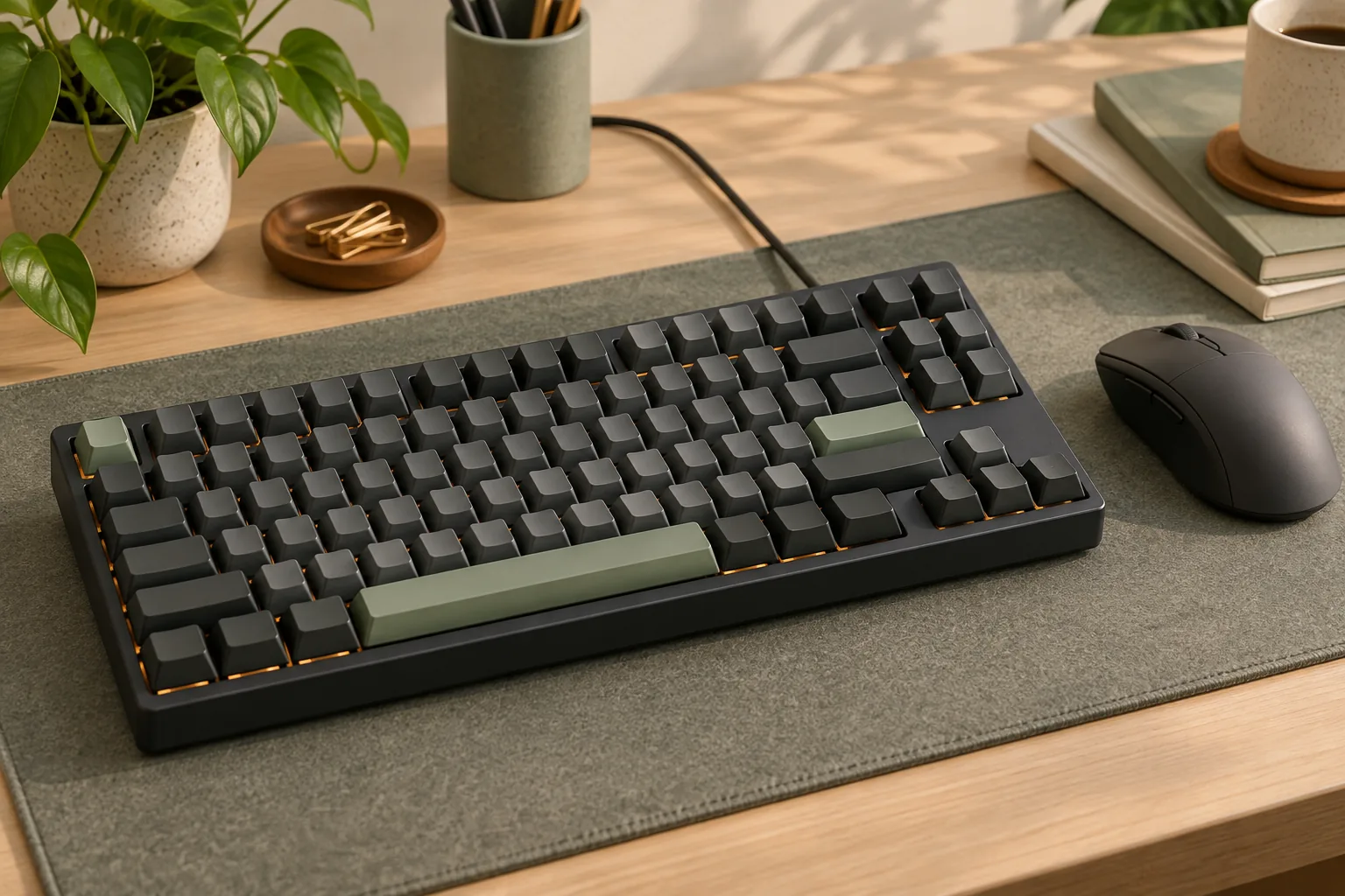 Illustration of a compact mechanical keyboard and mouse on a desk mat.