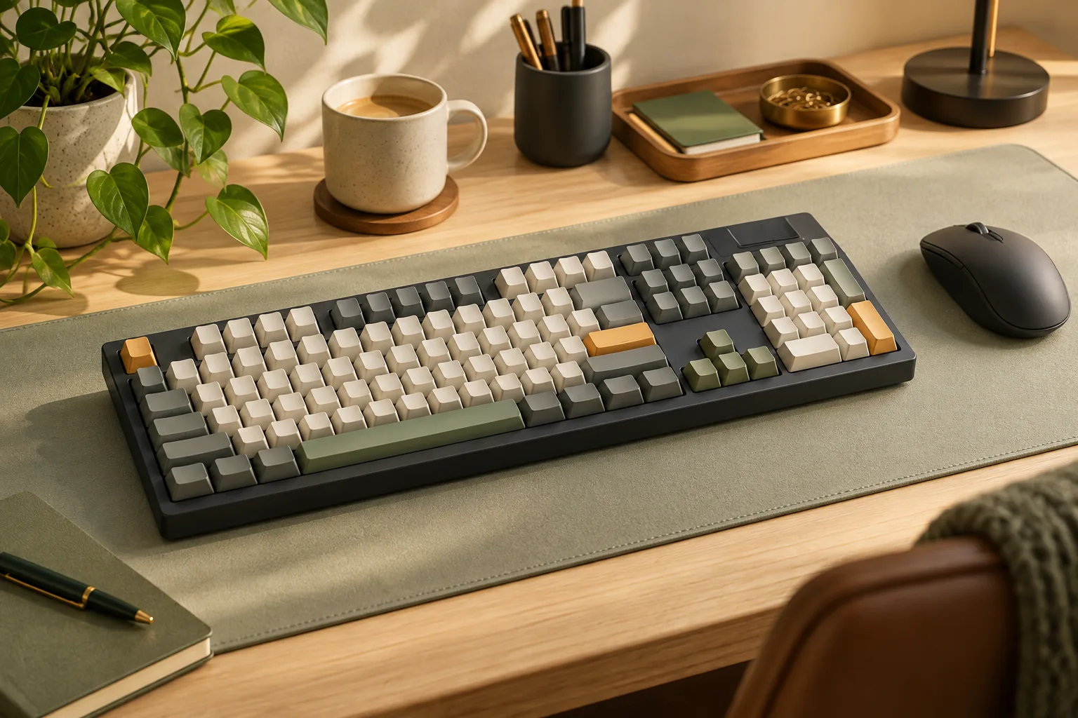 Illustration of a mechanical keyboard and mouse on a desk mat.