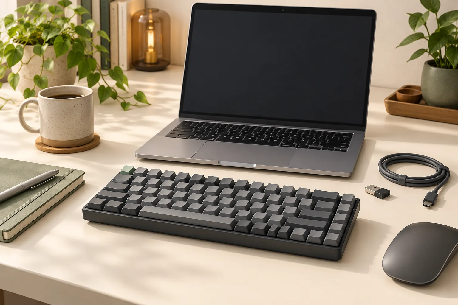Illustration of a mechanical keyboard in front of a laptop, with a wireless receiver and cable nearby.