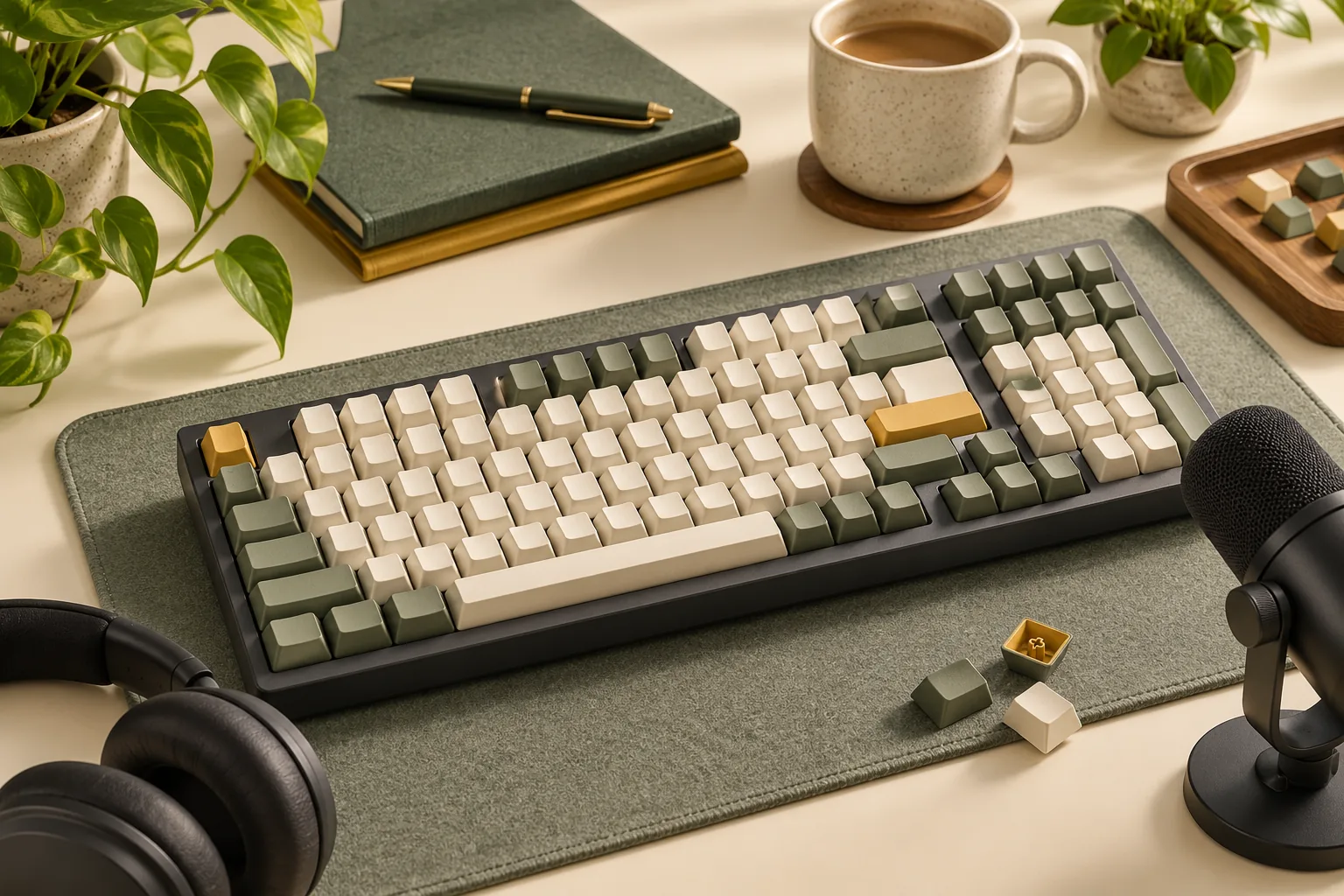 Illustration of a mechanical keyboard on a desk mat, with headphones, a microphone and loose keycaps nearby.