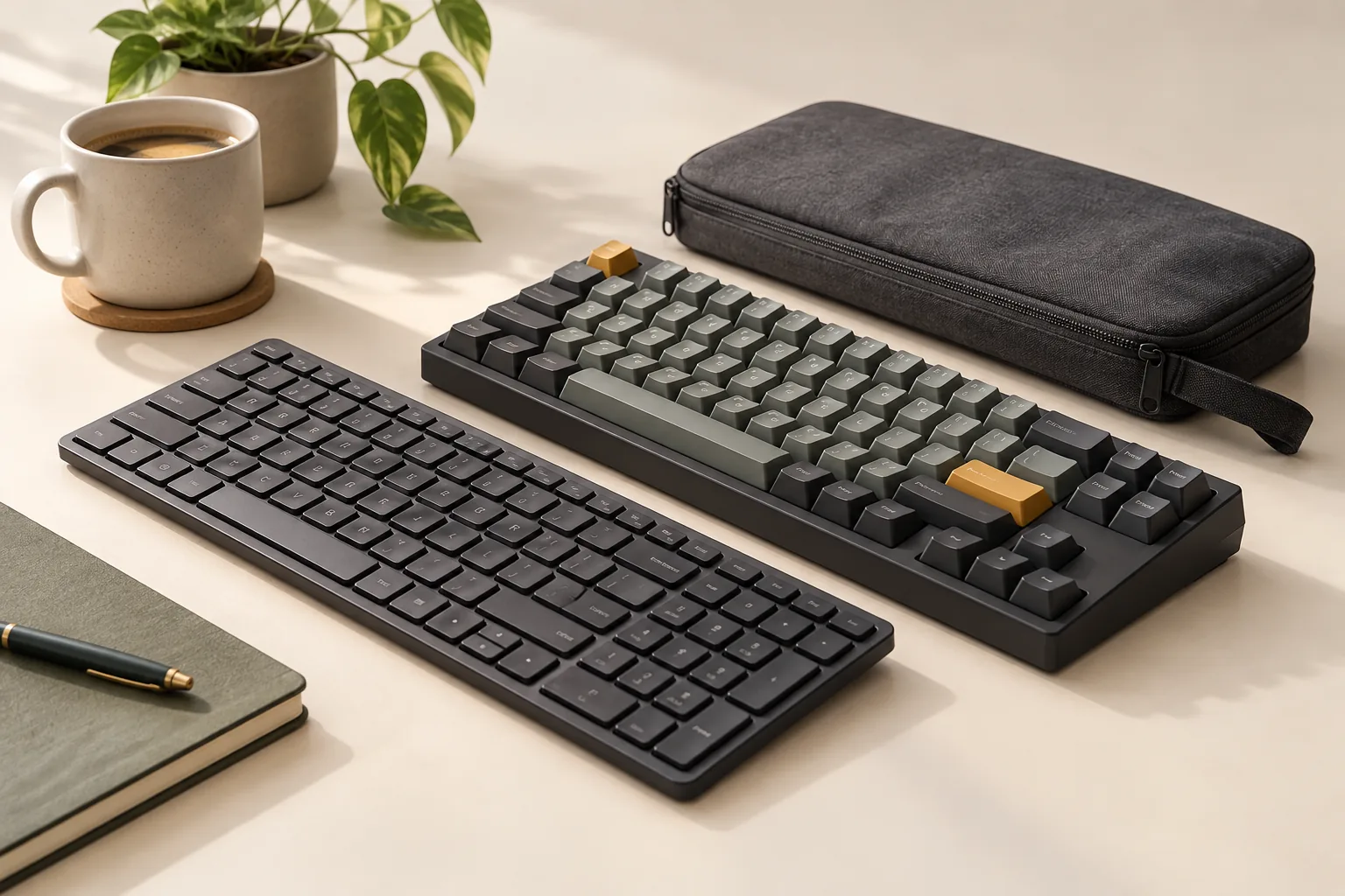 Illustration of a slim keyboard and a taller mechanical keyboard beside a carrying pouch.