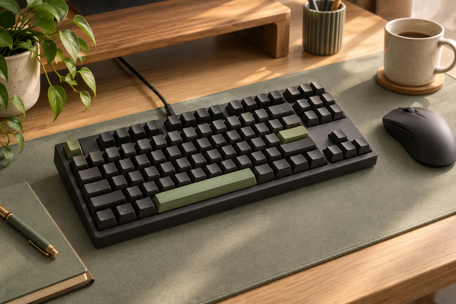Illustration of a mechanical keyboard without a separate number pad beside a mouse on a desk mat.