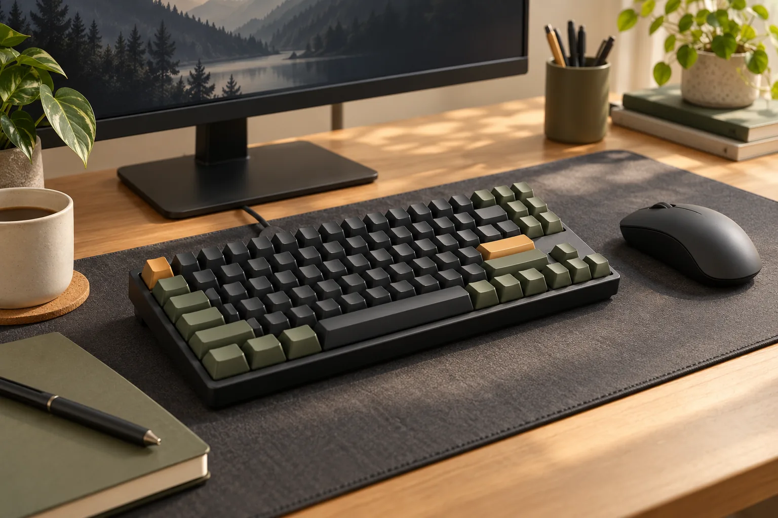 Illustration of a mechanical keyboard and mouse beneath a desktop monitor in a tidy workspace.