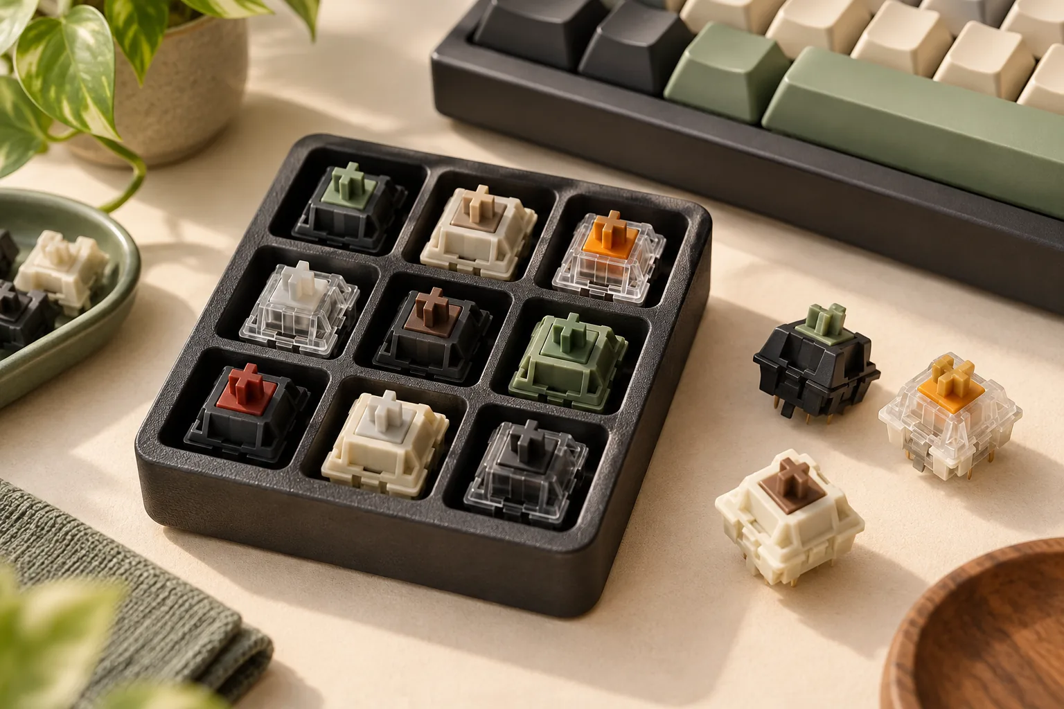 Illustration of mechanical switch samples in a tray, with loose switches and a cropped keyboard nearby.