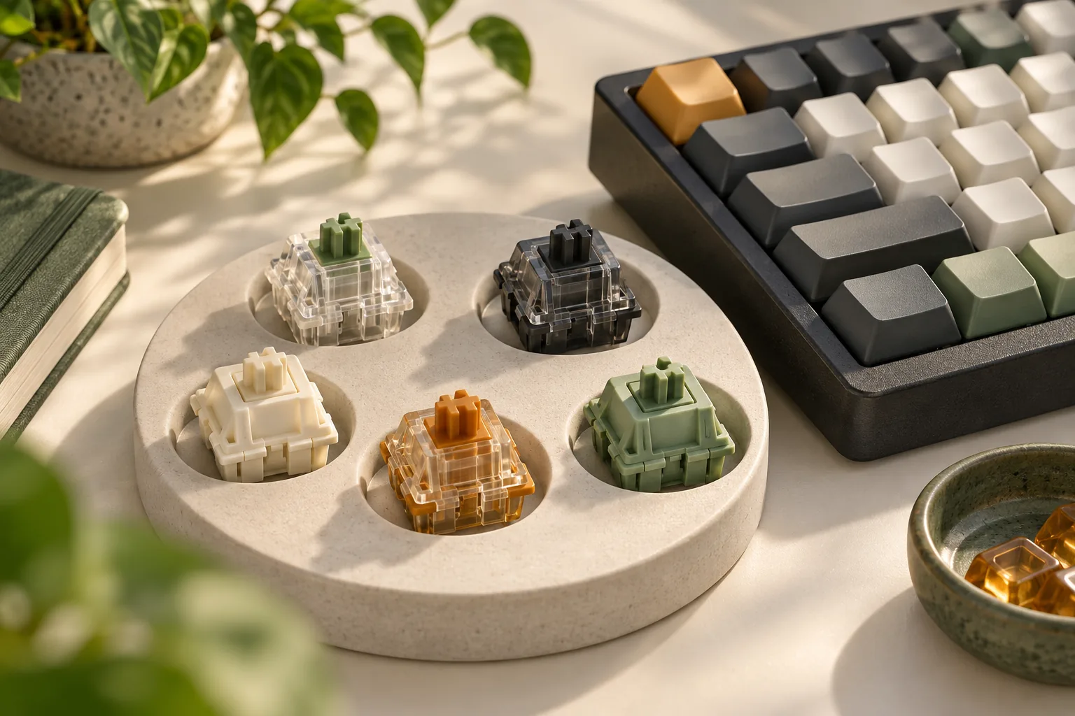 Illustration of upright keyboard switch housings on a round tray beside a keyboard.