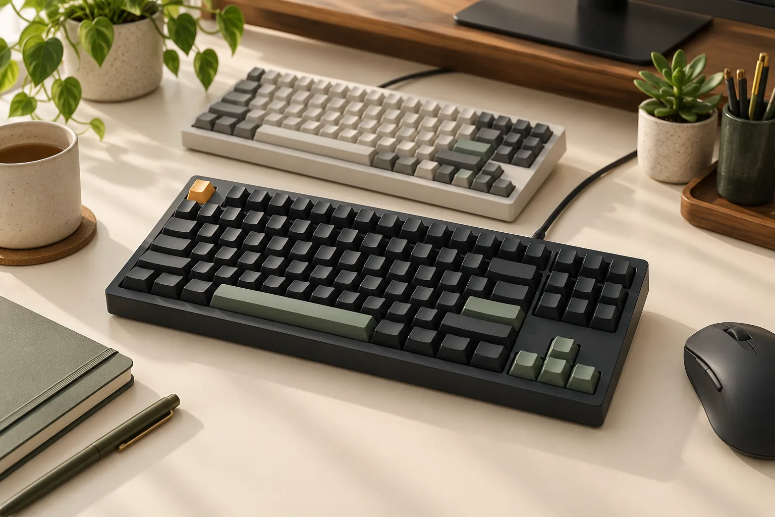 Illustration of two mechanical keyboards and a mouse on a desk.