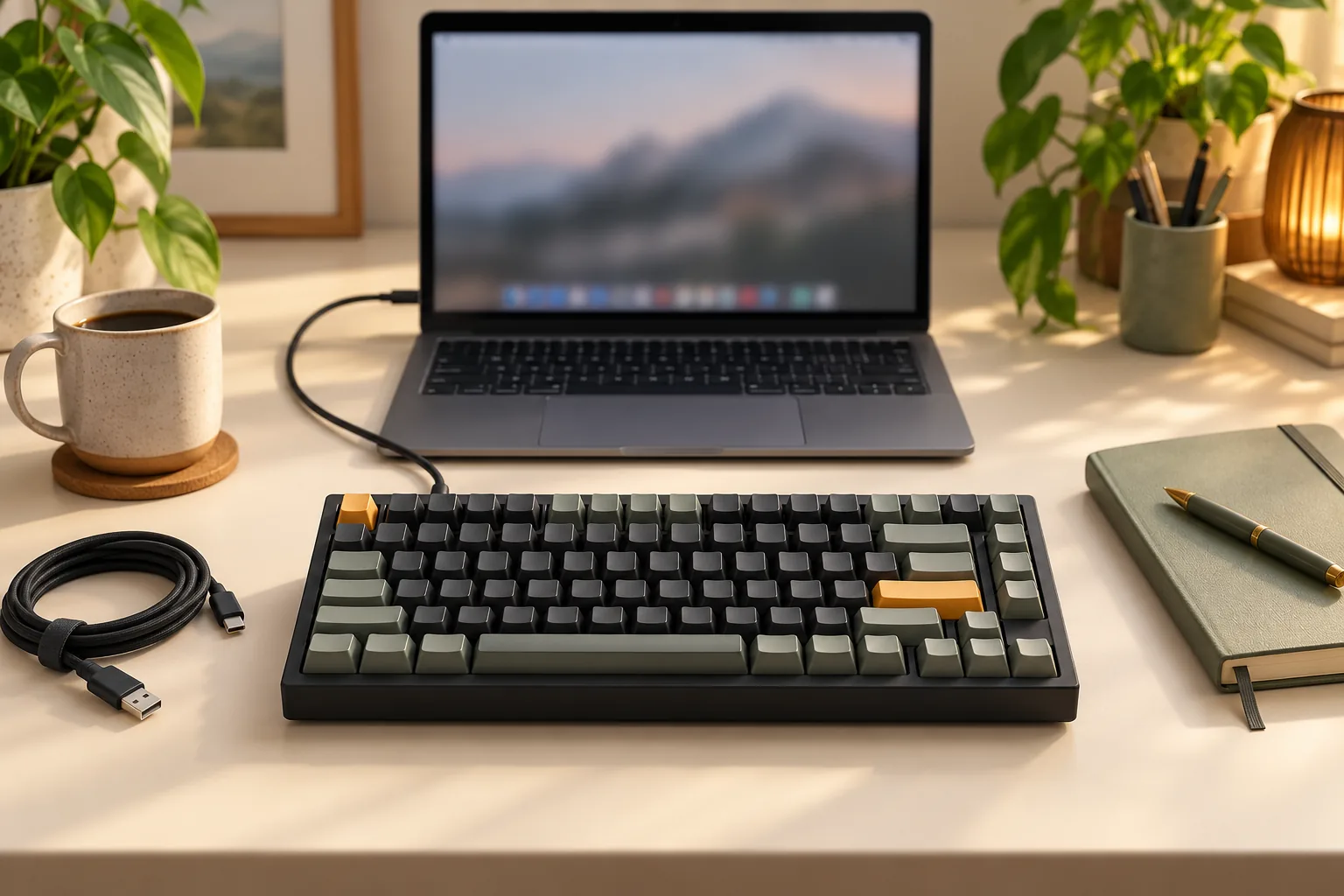 Illustration of a mechanical keyboard connected to a laptop, with a coiled spare cable nearby.