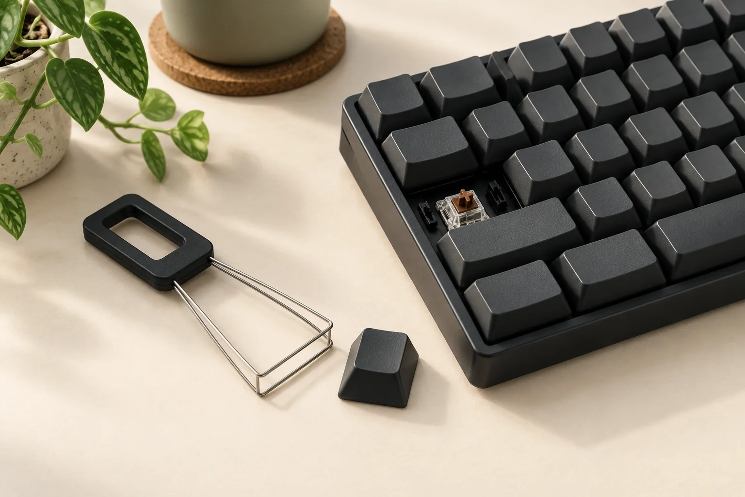Illustration of a wire keycap puller and detached cap beside a keyboard with one keycap removed.