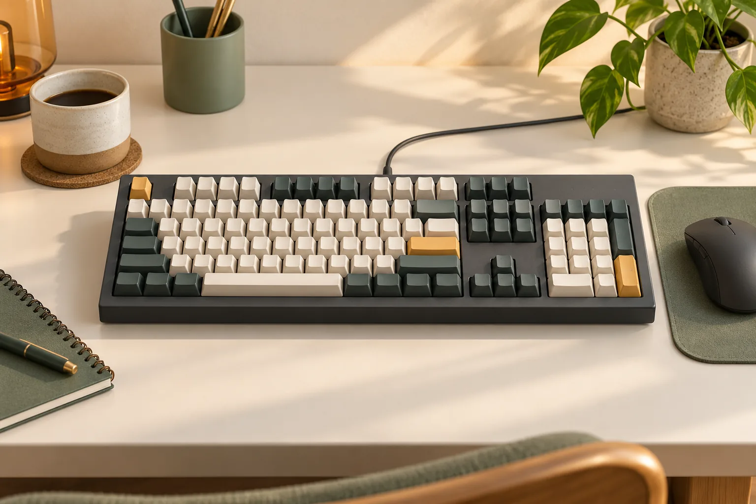 Illustration of a full-size mechanical keyboard and mouse on a desk.
