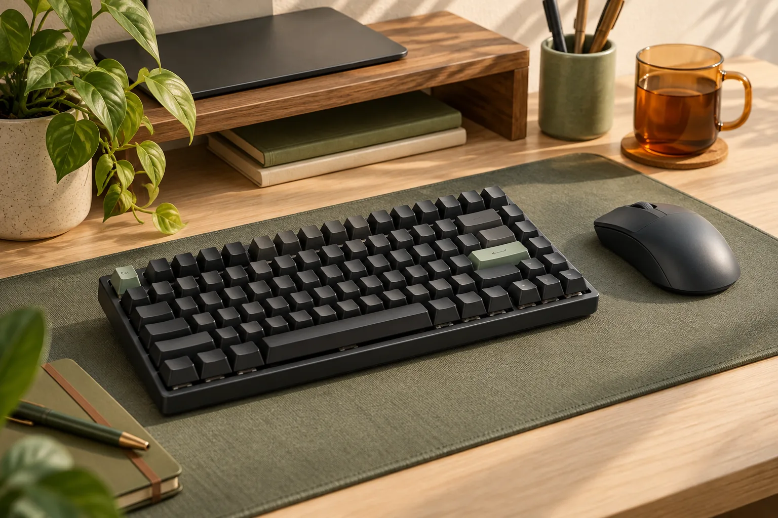 Illustration of a compact mechanical keyboard and mouse on a desk mat.