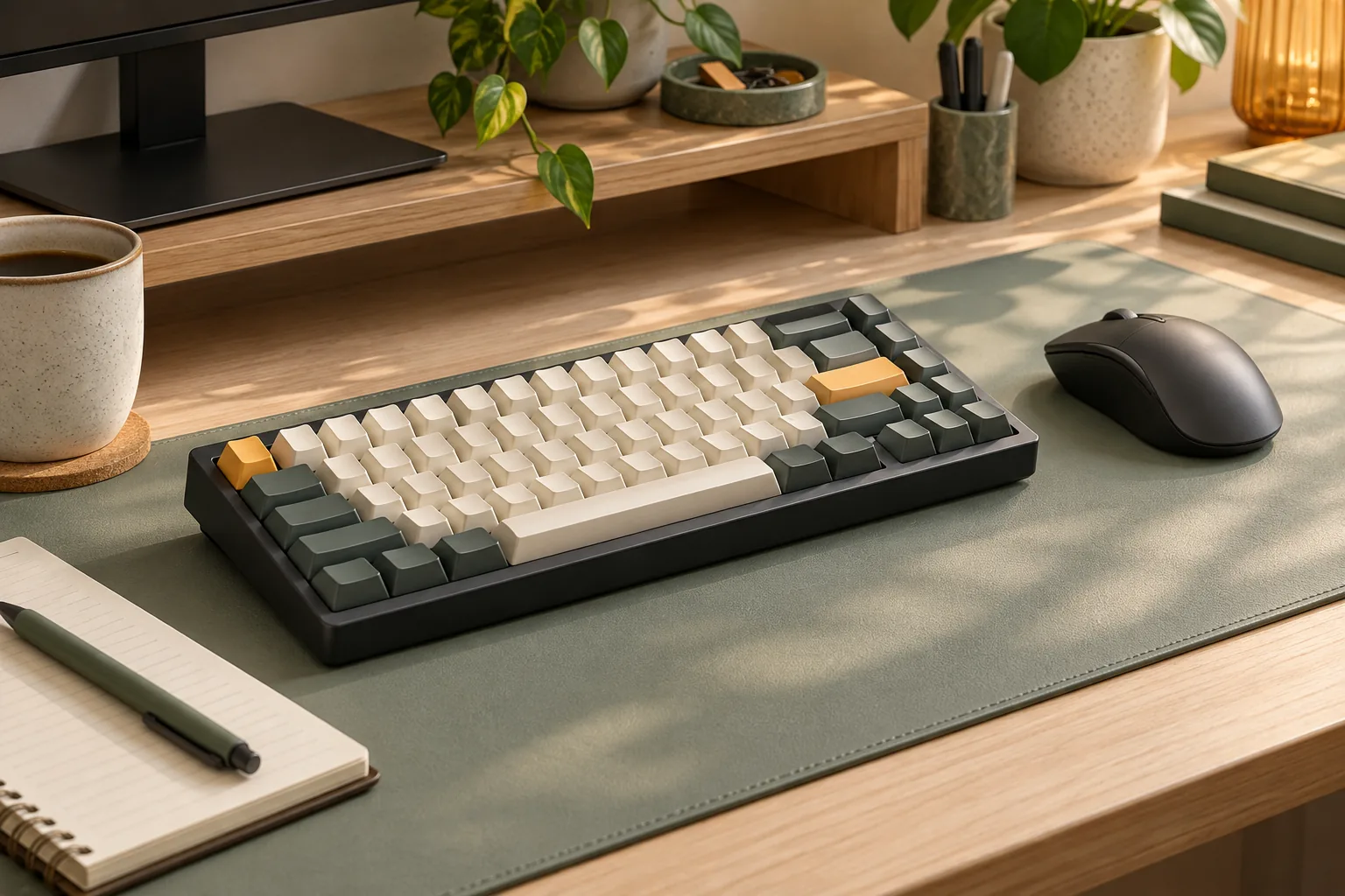 Illustration of a compact mechanical keyboard and mouse on a desk mat.