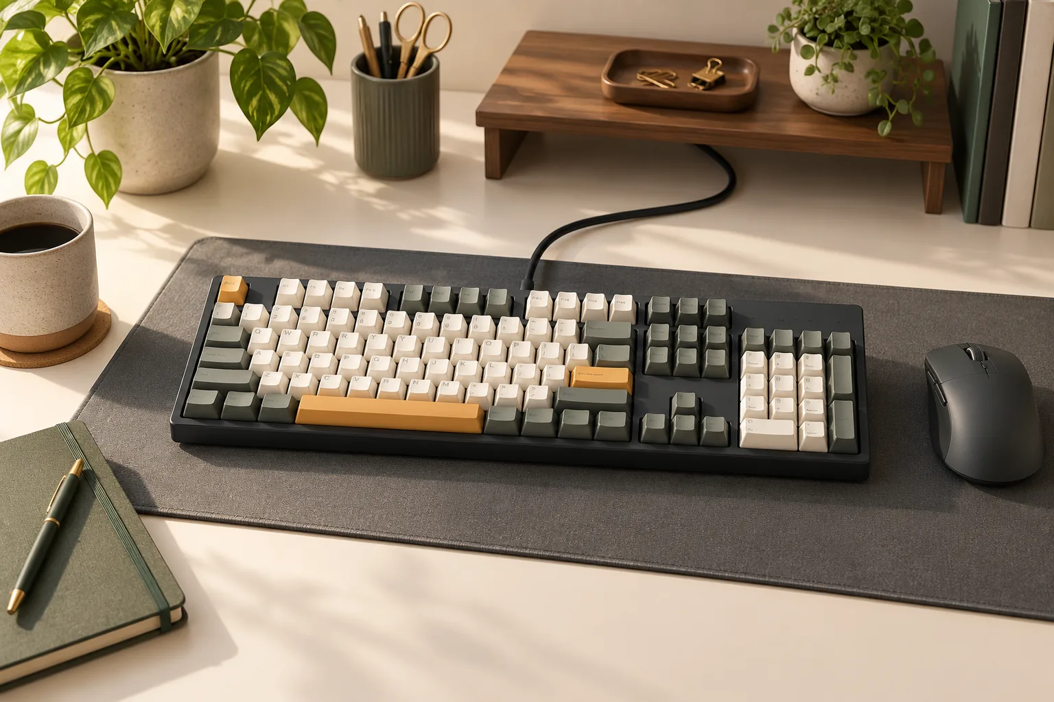 Illustration of a full-size mechanical keyboard and mouse with a connected cable.