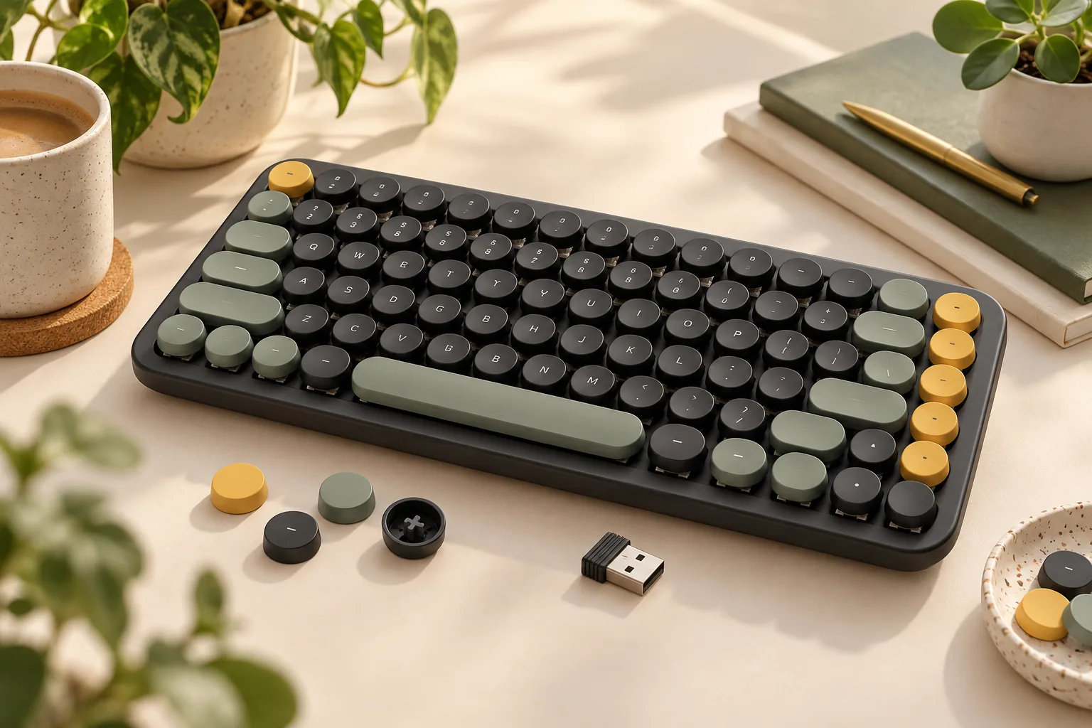 Illustration of a compact keyboard with round key tops, spare round caps and a wireless receiver.