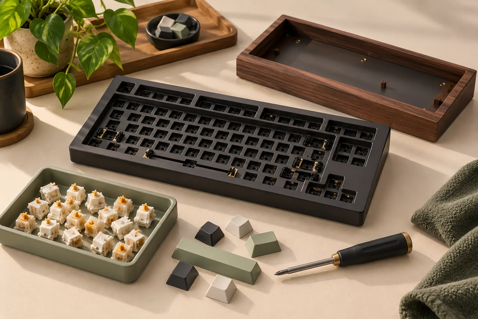 Illustration of a bare keyboard enclosure, separate case, switches and keycaps on a workbench.
