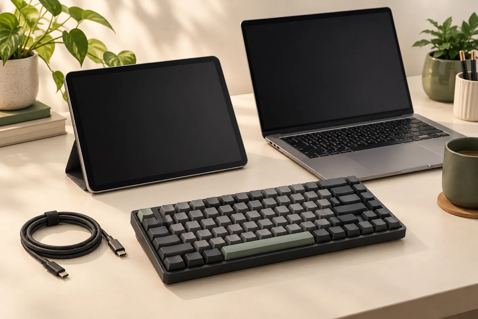 Illustration of a mechanical keyboard, tablet, laptop and detached cable on a desk.