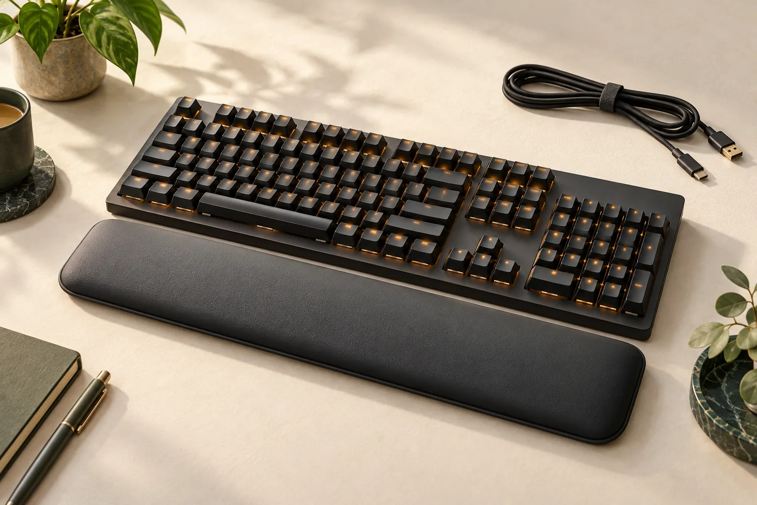 Illustration of a full-size keyboard with a separate padded palm support and detached cable.