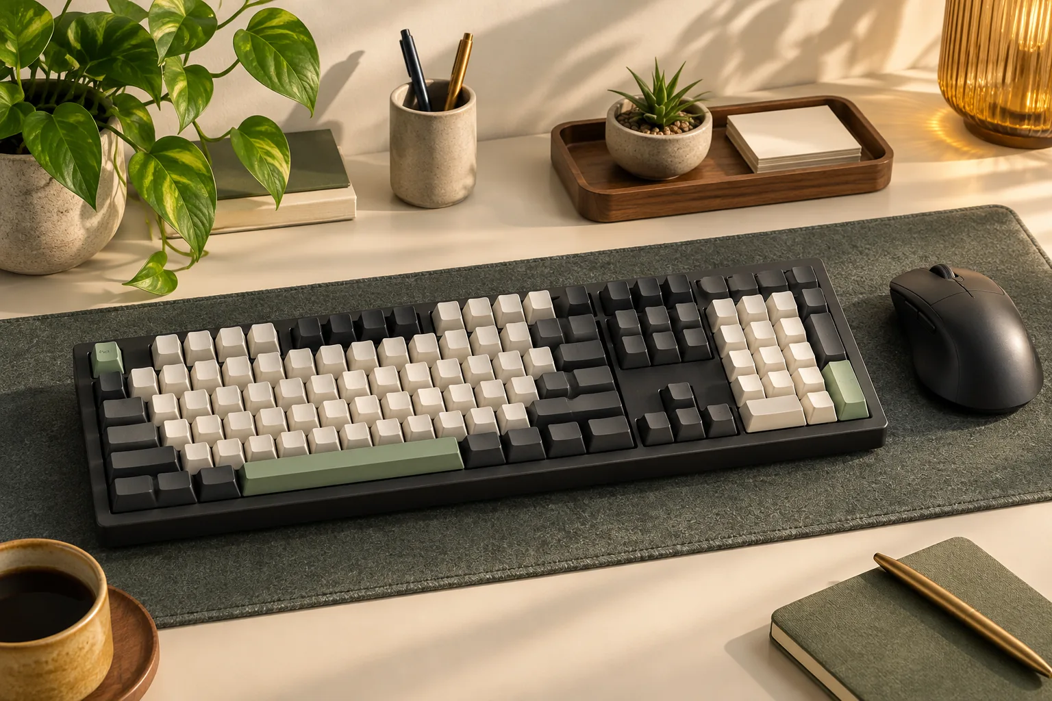 Illustration of a full-size keyboard and mouse on a desk mat.