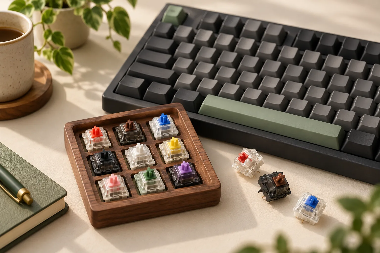 Illustration of a mechanical keyboard beside a tray of switch samples and several loose switches.