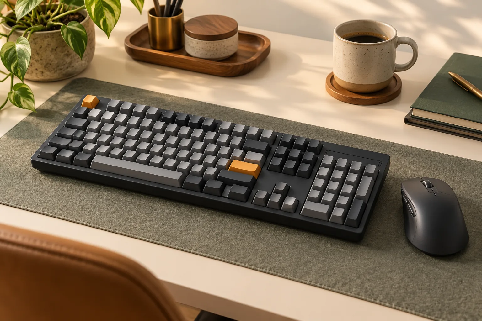 Illustration of a full-size mechanical keyboard and mouse on a desk mat.