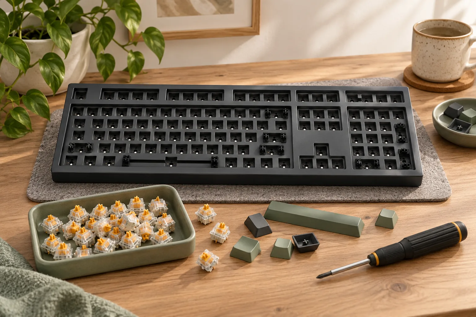 Illustration of a full-size bare keyboard enclosure with switches, loose keycaps and screwdriver.