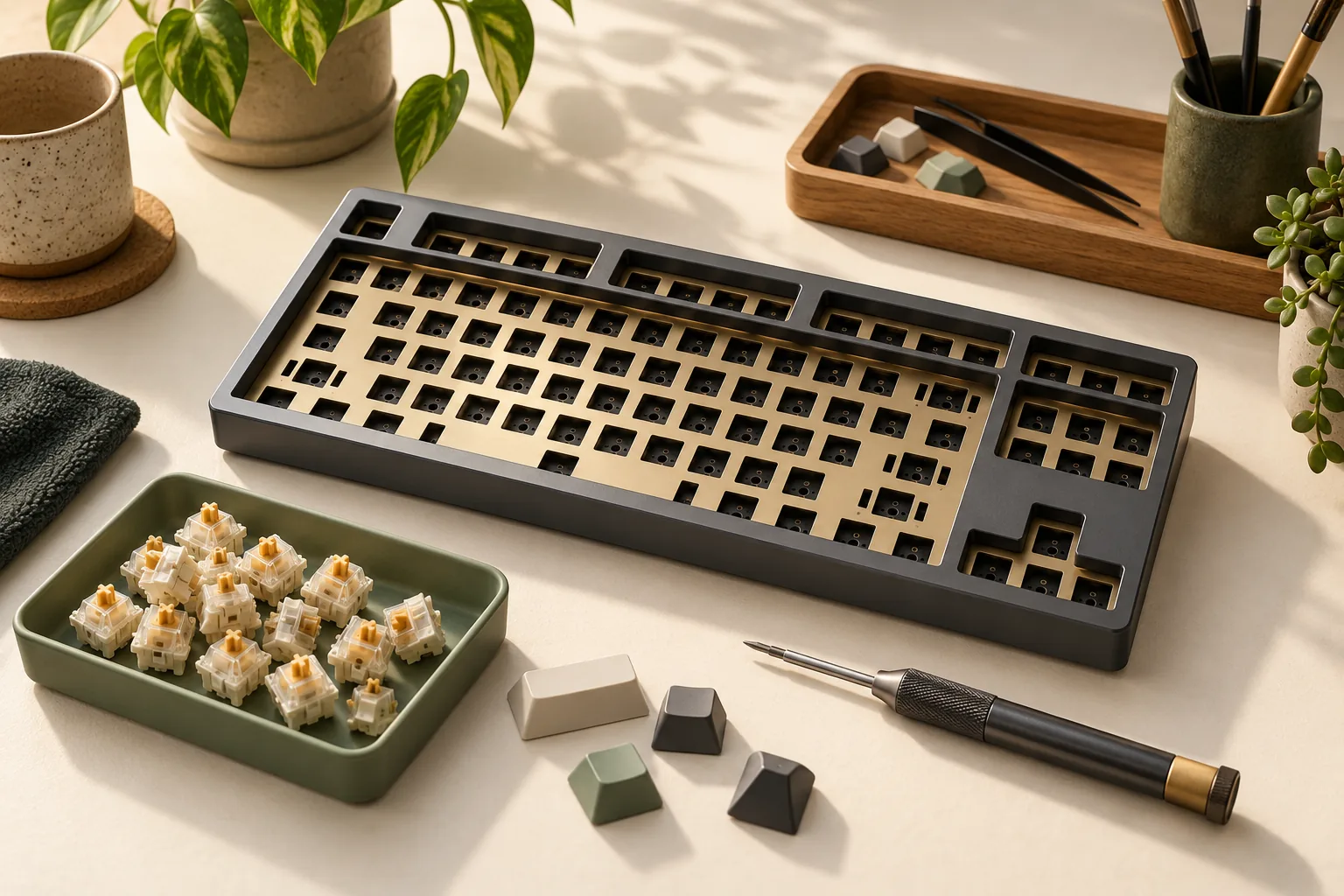 Illustration of a bare keyboard enclosure, switch tray, loose keycaps and screwdriver.