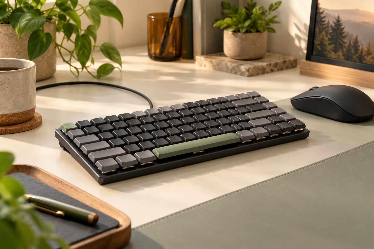 Illustration of a slim compact keyboard and mouse on a desk.